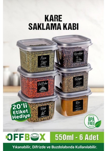 6'lı 12 Parça Kare Saklama ve Baharatlık Seti, 20 Etiket, Gri, Plastik