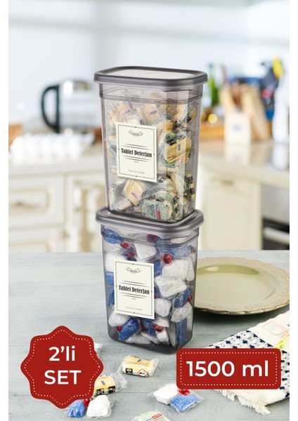 1500 ml 2'li dikdörtgen saklama kabı seti, antrasit renk, dayanıklı plastik