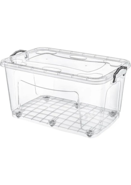 Turuncu şeffaf 50L saklama kutusu, kapaklı ve kolay taşıma özellikli çift parça