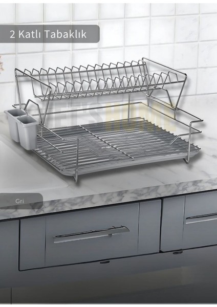 2 Katlı Çelik Bulaşıklık Sepeti, Kurutmalık, Gri, BPA Free, 47x23 cm