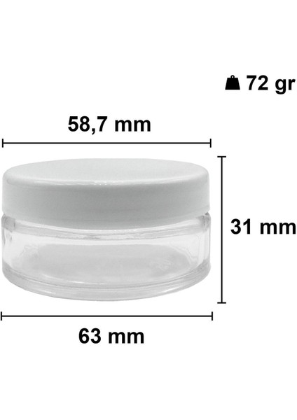 50 ml şeffaf cam krem kavanoz, beyaz kapak, iç kapaklı, 6 adet
