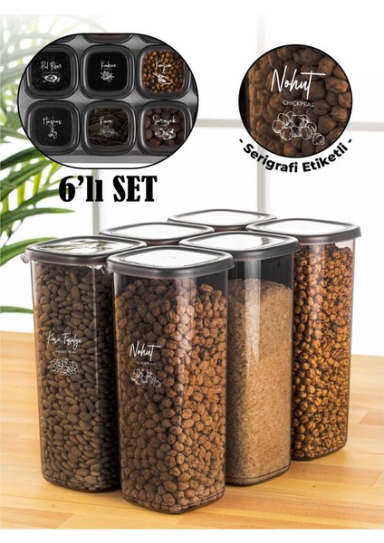 6'lı set, 1,75 Litre, gri, plastik saklama kabı, serigrafi etiketli