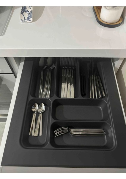 Antrasit 6 gözlü çekmece içi kaşıklık, ayarlanabilir, plastik, 37x49 cm