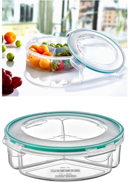 3 Bölmeli Yuvarlak Saklama Kabı, 1350 ml, Hava ve Sıvı Geçirmez, Gri, Şeffaf Plastik