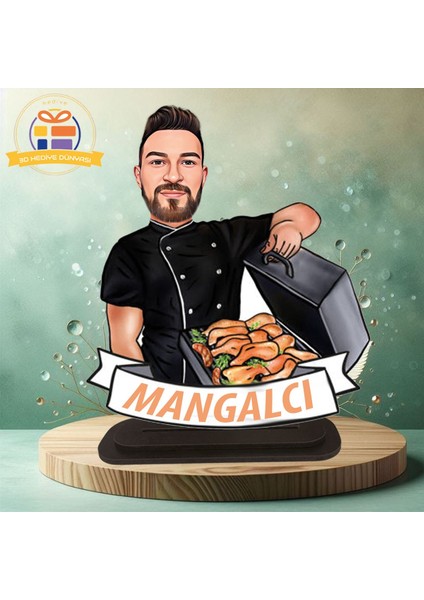 Mangalcı Adam Mangal Yakan Mangal Ustası Karikatürü Biblo Hediye 3D Masa Üstü Biblo Hediyesi