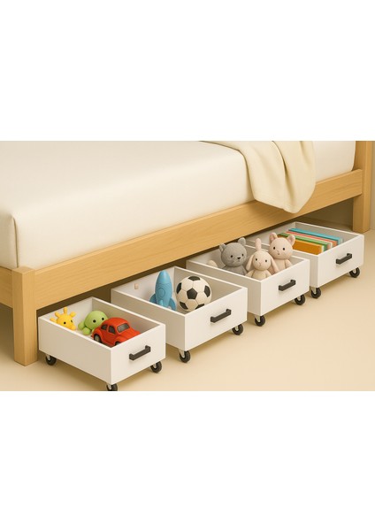 Tekerlekli Baza Altı Organizer Kutusu – 1 Adet -Beyaz Mdf, Metal Kulp, 59X35X12 cm