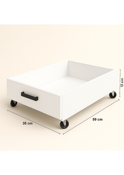 Tekerlekli Baza Altı Organizer Kutusu – 1 Adet -Beyaz Mdf, Metal Kulp, 59X35X12 cm