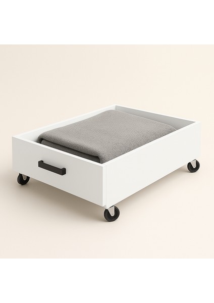 Tekerlekli Baza Altı Organizer Kutusu – 1 Adet -Beyaz Mdf, Metal Kulp, 59X35X12 cm
