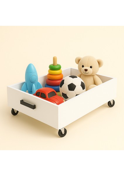 Tekerlekli Baza Altı Organizer Kutusu – 1 Adet -Beyaz Mdf, Metal Kulp, 59X35X12 cm