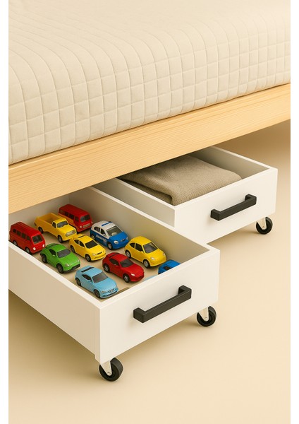 Tekerlekli Baza Altı Organizer Kutusu – 1 Adet -Beyaz Mdf, Metal Kulp, 59X35X12 cm