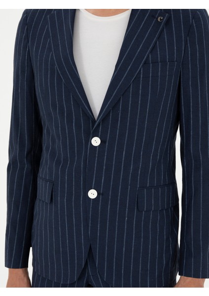 Erkek Koyu Lacivert Slim Fit Yün Keten Karışımlı Takım Elbise 50288569-VR100