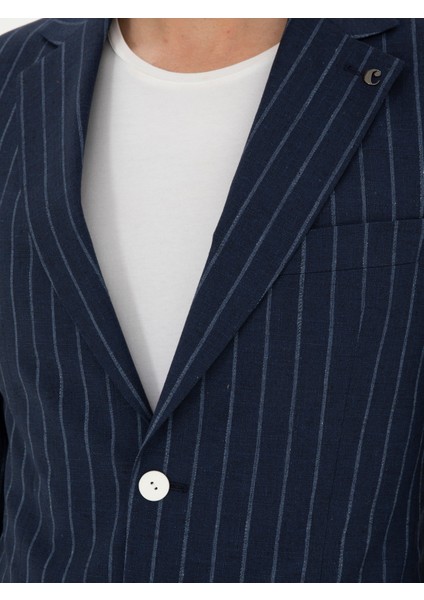 Erkek Koyu Lacivert Slim Fit Yün Keten Karışımlı Takım Elbise 50288569-VR100