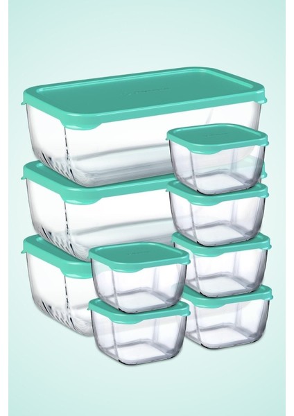 Yeşil Kapaklı Saklama Kabı Takımı, 9 Parça, Cam, Beyaz, Pratik ve Şık Set