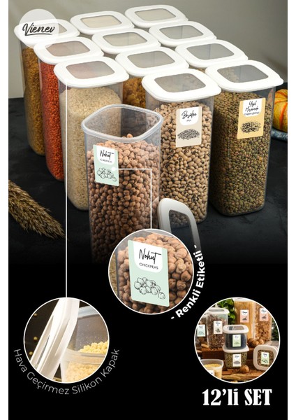 Renkli 12'li büyük boy plastik saklama kabı, 1,75 Litre, beyaz, etiketli, kare biçim