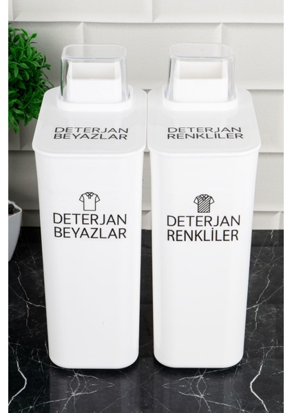 2'li Kendinden Ölçekli Deterjan Saklama Kabı Seti, 3000 ml, Beyaz, Renkli Etiketli