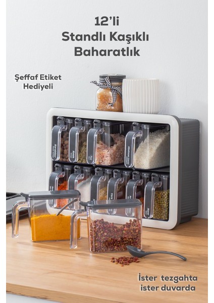 12'li standlı, yapışkanlı, kapaklı baharat saklama kabı seti, gri renk