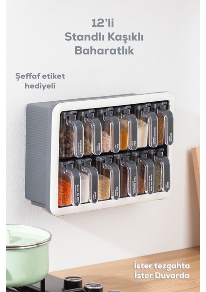 12'li standlı, yapışkanlı, kapaklı baharat saklama kabı seti, gri renk fiyatları