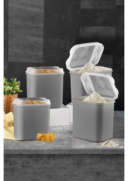 4'lü 4,5 Litre Gri Plastik Saklama Kabı Seti, Un ve Bakliyat İçin Ideal