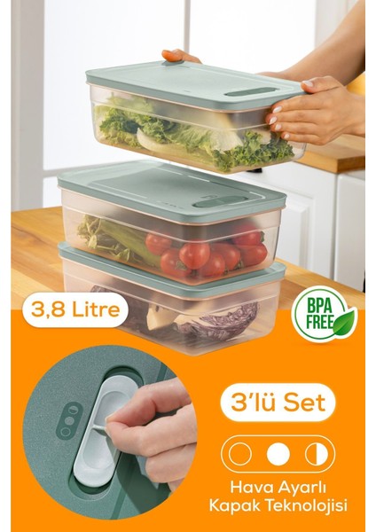 3'lü ayarlı meyve ve sebze saklama kabı, 3,8L, şık ve pratik kullanım, yeşil renk fiyatları