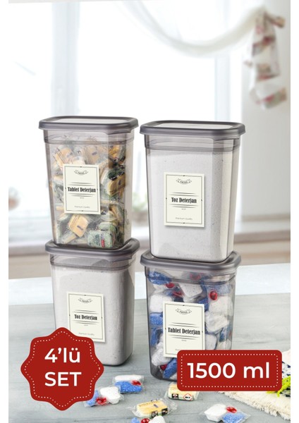 1500 ml 4'lü dikdörtgen sıvı saklama kabı seti, antrasit renk, dayanıklı plastik