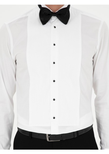 Erkek Beyaz Slim Fit Manşetli Pamuk Karışımlı Smokin Gömlek 50287297-VR013