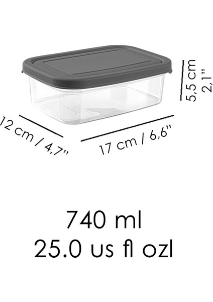 4'lü Gri Dikdörtgen Saklama Kabı, Mikrodalga Uyumlu, 740ml, Düzenleyici Set