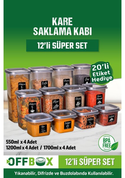 12'li Gri Kare Saklama ve Baharatlık Seti, Pratik Mutfak Hediye