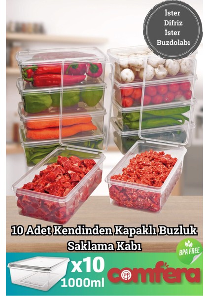 10'lu 1L Kendinden Kapaklı Buzluk Saklama Kabı Beyaz, Pratik ve Şık Saklama Çözümü