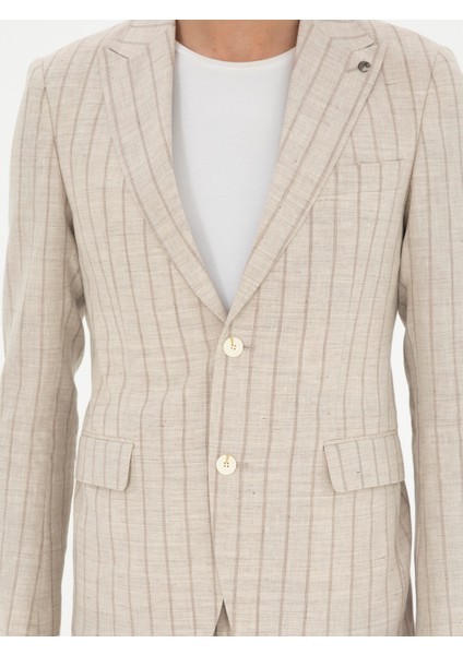 Erkek Bel Slim Fit Çizgili Yün Karışımlı Keten Takım Elbise 50288733-VR011