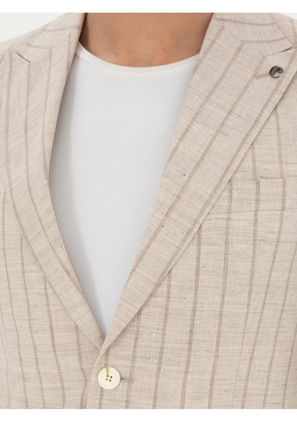 Erkek Bel Slim Fit Çizgili Yün Karışımlı Keten Takım Elbise 50288733-VR011