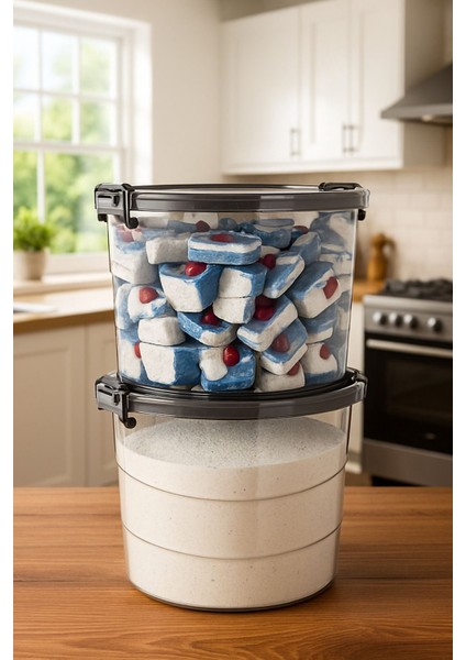 Yuvarlak 2'li Saklama Kutuları, 7 Litre, Antrasit, Deterjan ve Un Saklama Seti