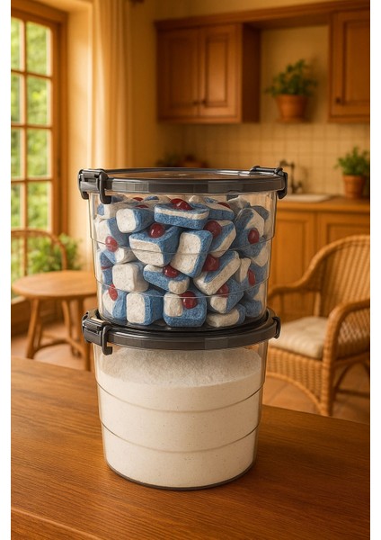 Yuvarlak 2'li Saklama Kutuları, 7 Litre, Antrasit, Deterjan ve Un Saklama Seti fiyatları