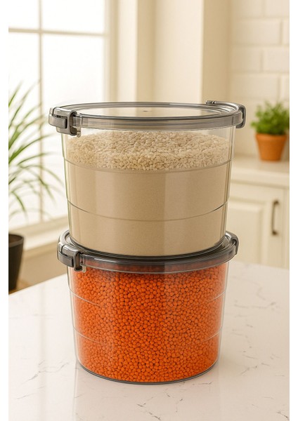 Yuvarlak 2'li Saklama Kutuları, 7 Litre, Antrasit, Deterjan ve Un Saklama Seti