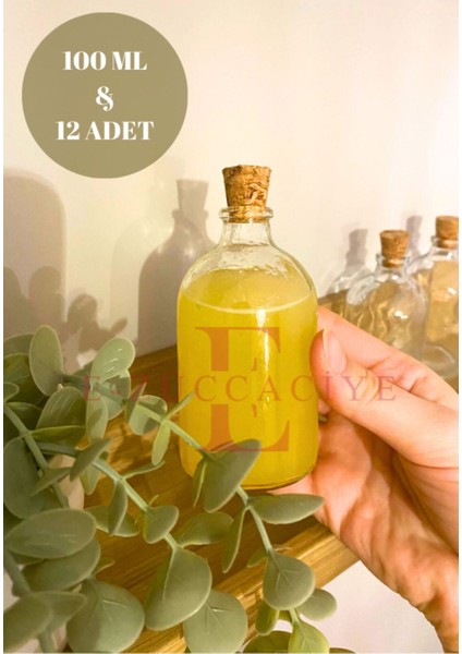Cam şişe, 12'li, 100 ml, sızdırmaz, çok amaçlı, mantar kapaklı, şeffaf, dayanıklı set