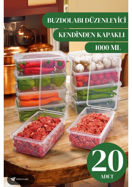 Şeffaf 20 adet 1 Litre Plastik Saklama Kabı, Derin Dondurucu Uyumlu, Beyaz