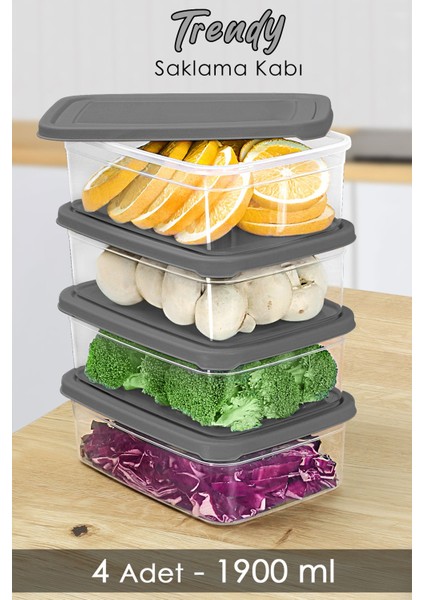 4'lü Gri Dikdörtgen Saklama Kabı, Mikrodalga Uyumlu, 1900ml, Düzenleyici, Plastik