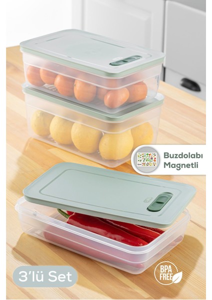 3'lü ayarlı meyve ve sebze saklama kabı seti, 2.5-5 Litre, turkuaz, mat plastik
