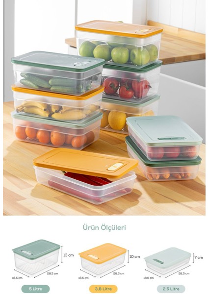 3'lü ayarlı meyve ve sebze saklama kabı seti, 2.5-5 Litre, turkuaz, mat plastik