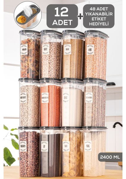 12 Adet Oval Saklama Kabı, Antrasit Gri ve Şeffaf, 2400 ml, Dayanıklı ve Şık Tasarım