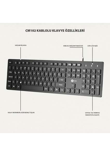 Lenovo CM102 USB Kablolu Türkçe Q Klavye & Mouse Set Siyah