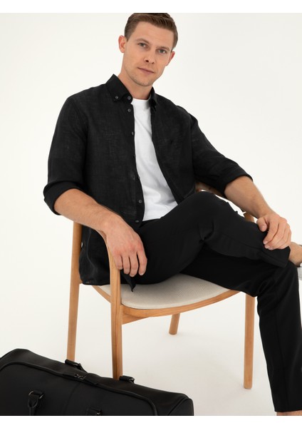 Erkek Siyah Slim Fit %100 Keten Gömlek 50284823-VR046 modelleri
