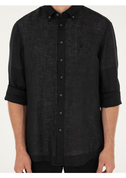 Erkek Siyah Slim Fit %100 Keten Gömlek 50284823-VR046