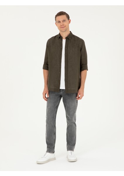Erkek Koyu Haki Regular Fit %100 Keten Gömlek 50284823-VR111 fırsatları