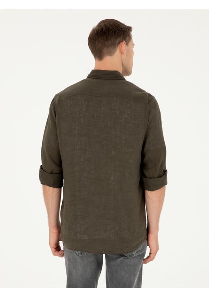 Erkek Koyu Haki Regular Fit %100 Keten Gömlek 50284823-VR111 indirimleri