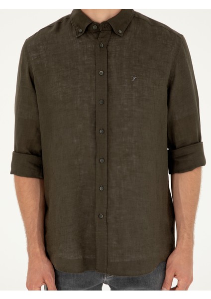 Erkek Koyu Haki Regular Fit %100 Keten Gömlek 50284823-VR111