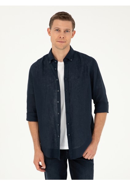 Erkek Lacivert Regular Fit %100 Keten Gömlek 50284823-VR033