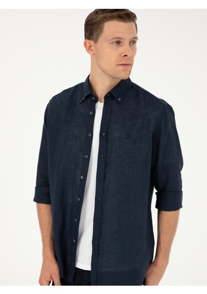 Erkek Lacivert Regular Fit %100 Keten Gömlek 50284823-VR033
