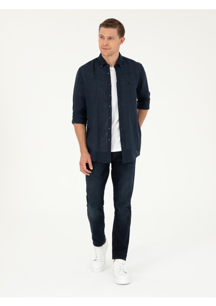 Erkek Lacivert Regular Fit %100 Keten Gömlek 50284823-VR033