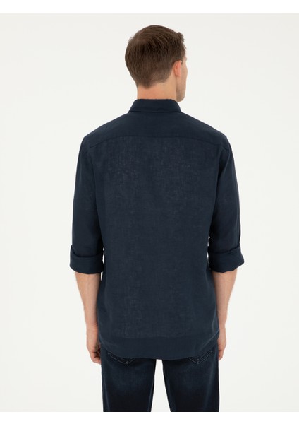 Erkek Lacivert Regular Fit %100 Keten Gömlek 50284823-VR033