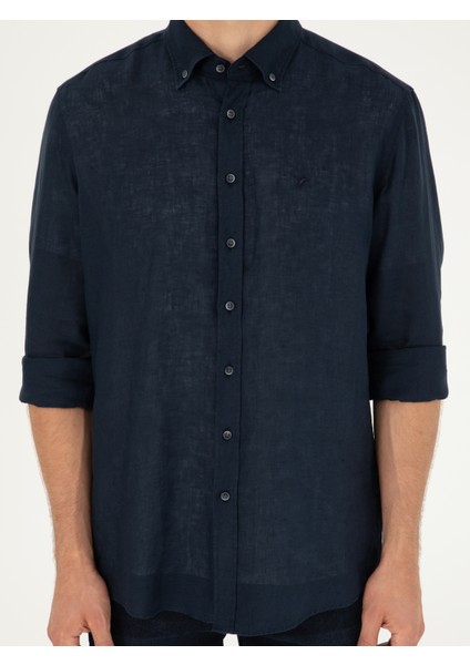 Erkek Lacivert Regular Fit %100 Keten Gömlek 50284823-VR033